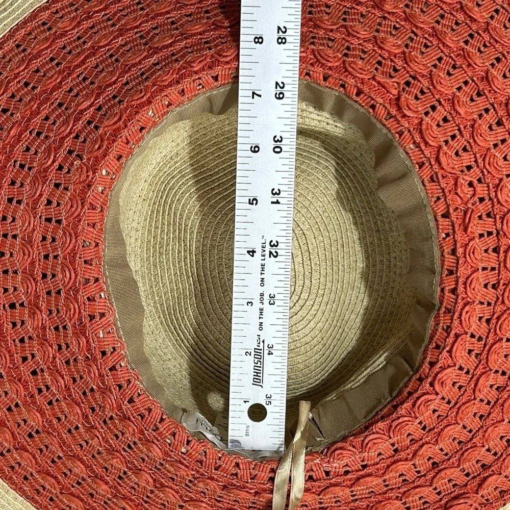 CAPPELLI Wide Brim Straw Hat Beige Orange Rope Band Metal Flower OS Summertime
